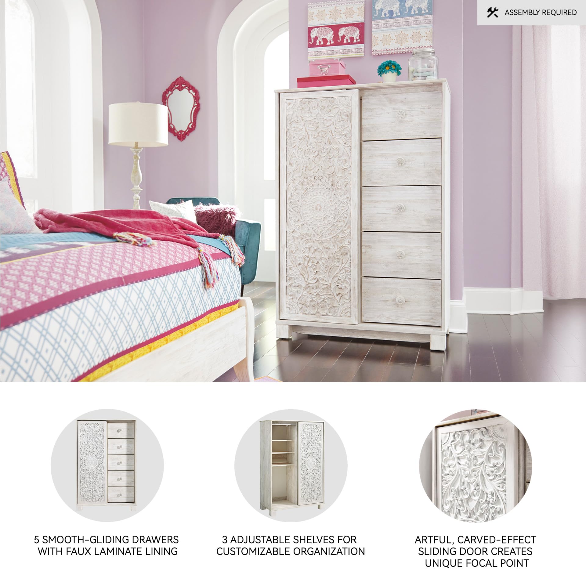 Signature Design by Ashley Paxberry Boho 5 Drawer Dressing Chest with Slider Door & 3 Adjustable Shelves, Whitewash