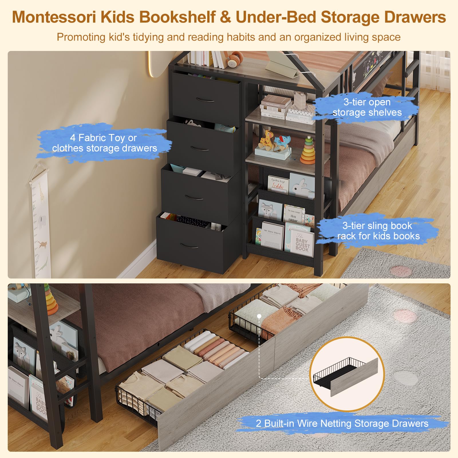 House Shaped Twin Over Twin Bunk Bed with Storage & Lights