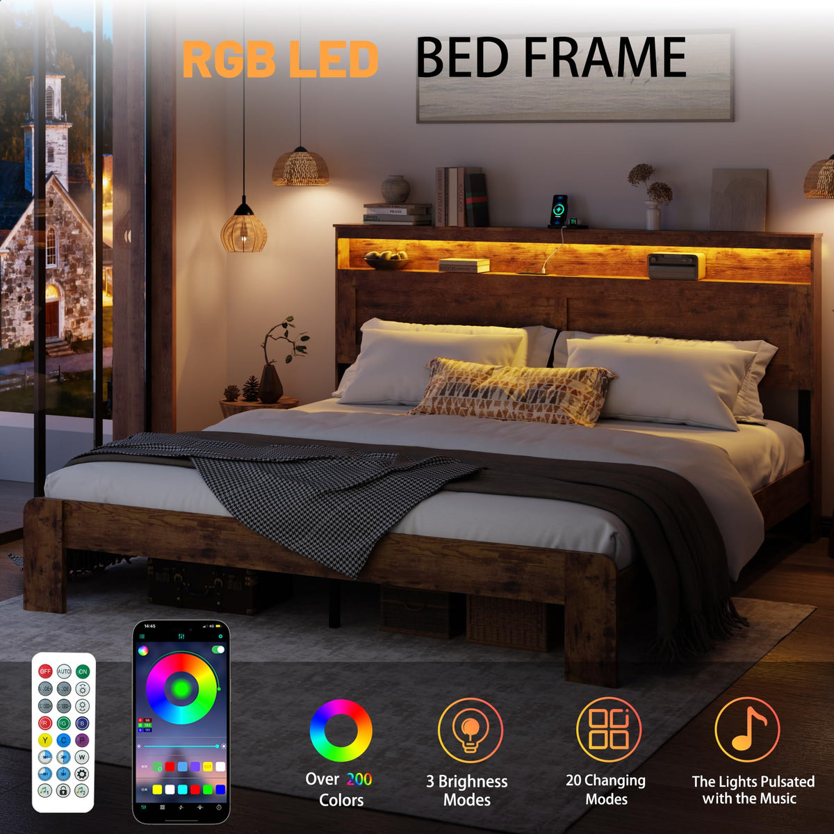 madeslves Wooden Bed Frame King Size with Storage Headboard, Brown