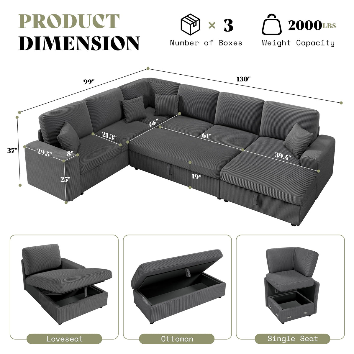 Corduroy Sleeper Sectional with Storage