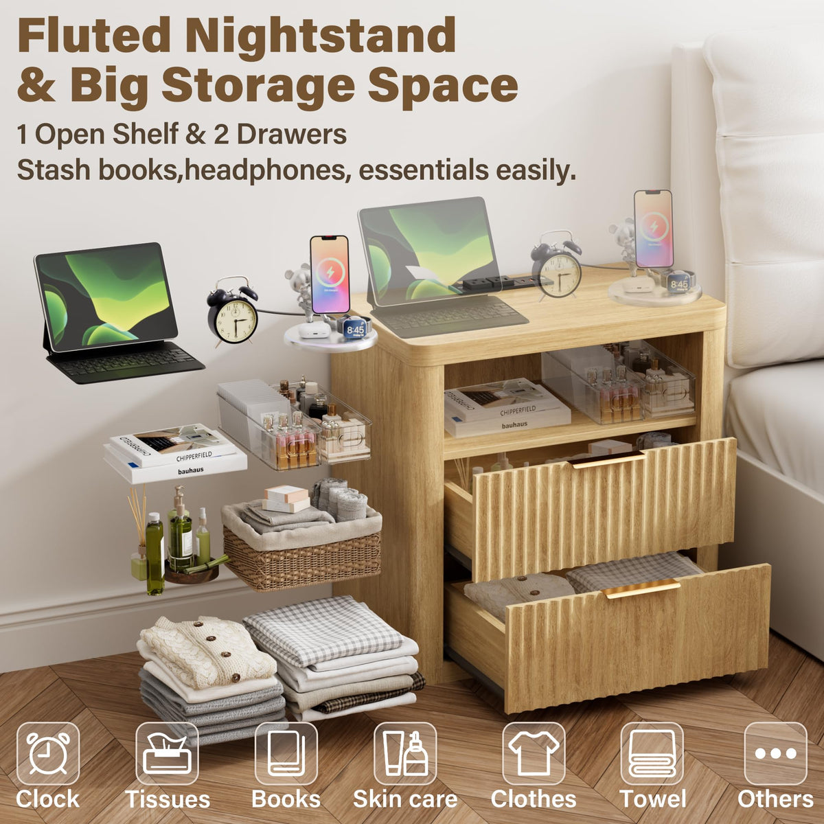 YESHOMY Fluted Nightstands Set of 2 with Charging Station, Natural Wood