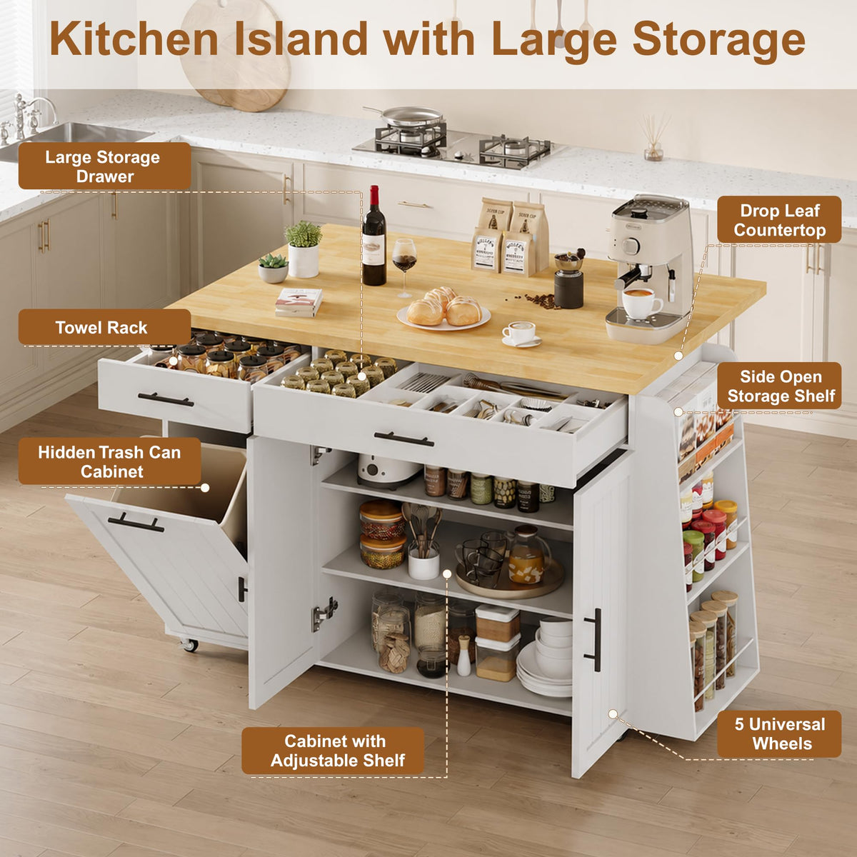 DreamDashio 65" Kitchen Island with Drop Leaf, Rolling Island with Spice Rack & Towel Rack, Mobile Kitchen Island Cart with 2 Draws & Trash Storage Cabinet, Portable Island Table on Wheels for Kitchen