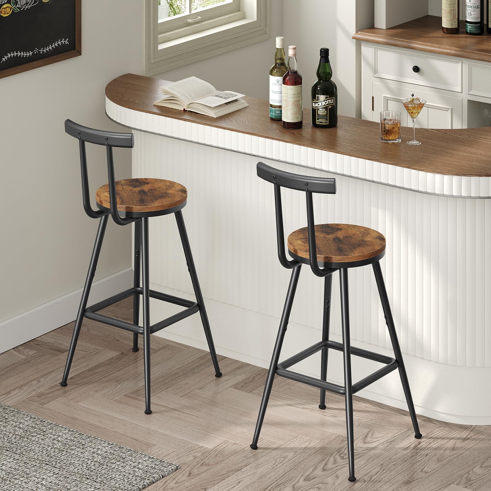 Bar Stools Set of 2 with Backrest & Footrest, 26" Counter Height