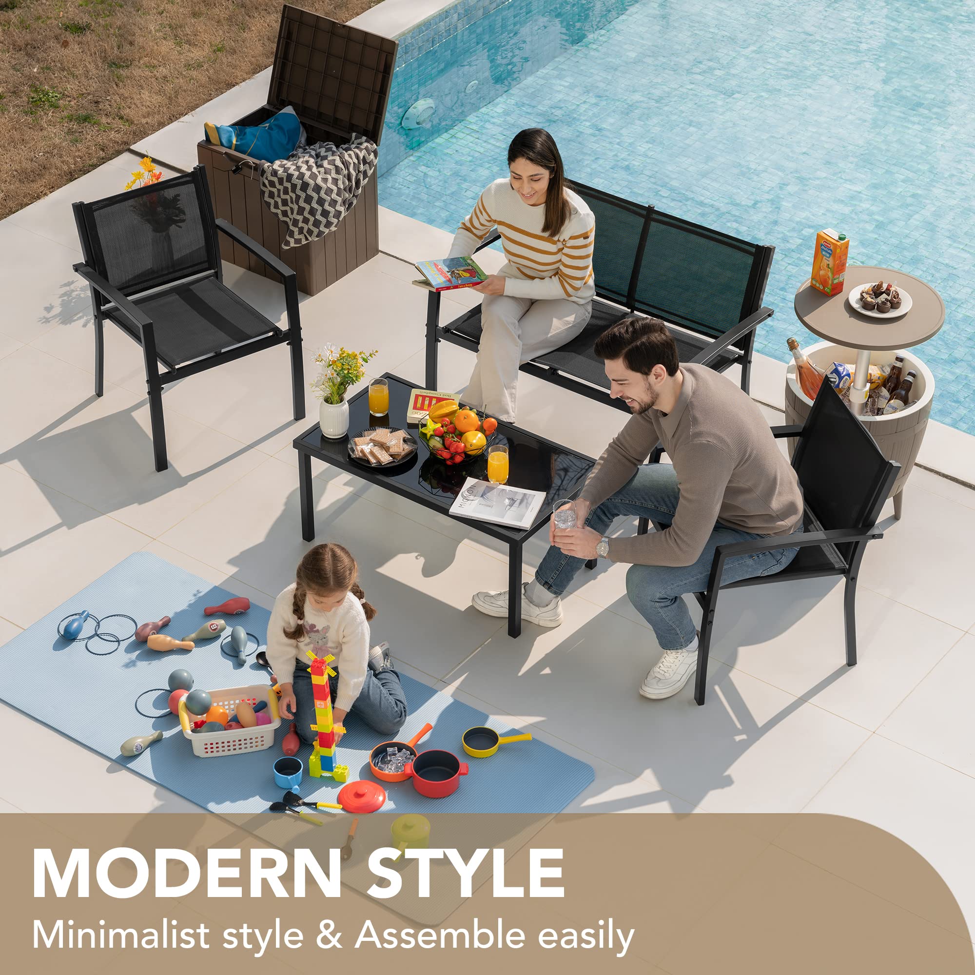 4-Piece Patio Conversation Set with Glass Coffee Table