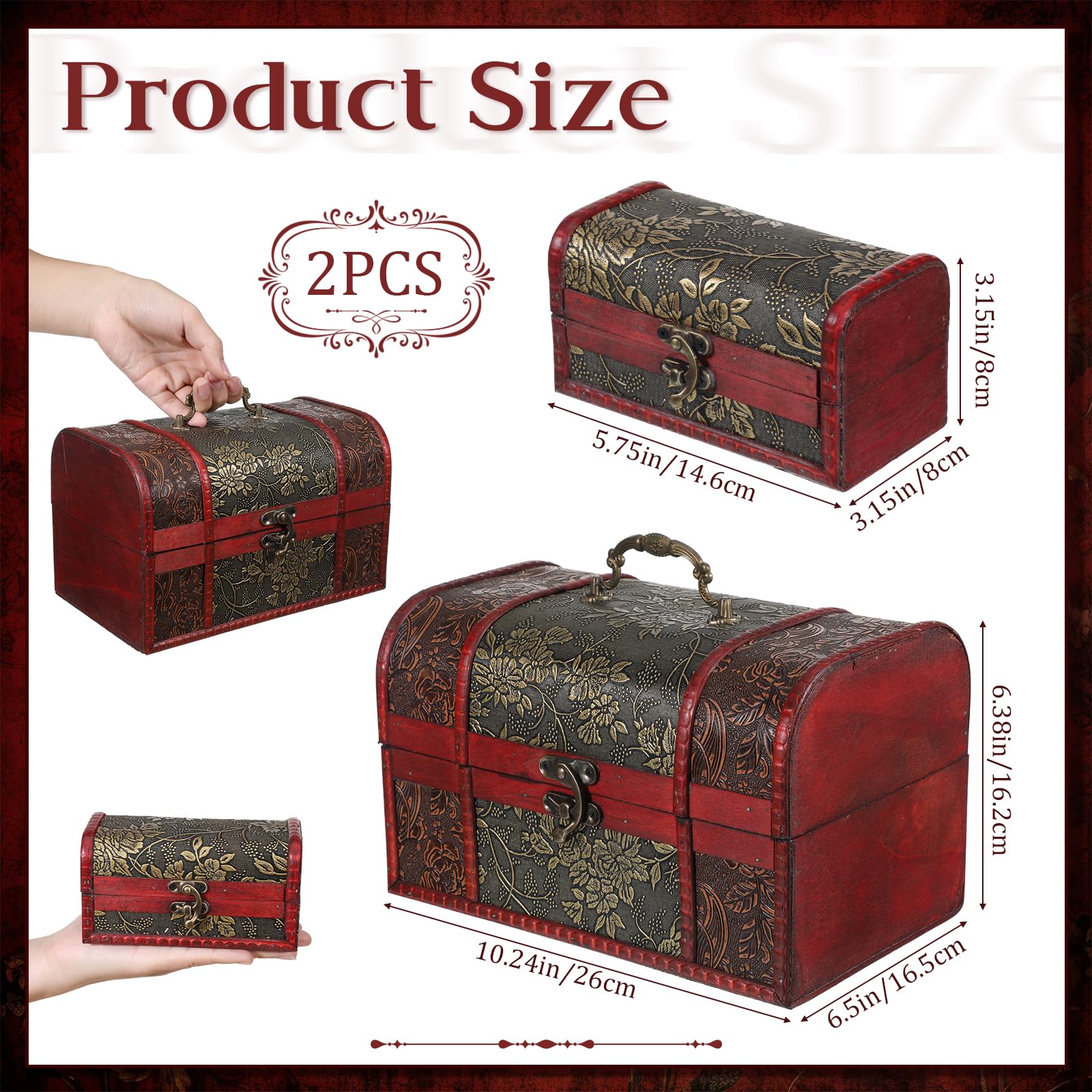 Vintage Wooden Treasure Chest Storage Box Set of 2