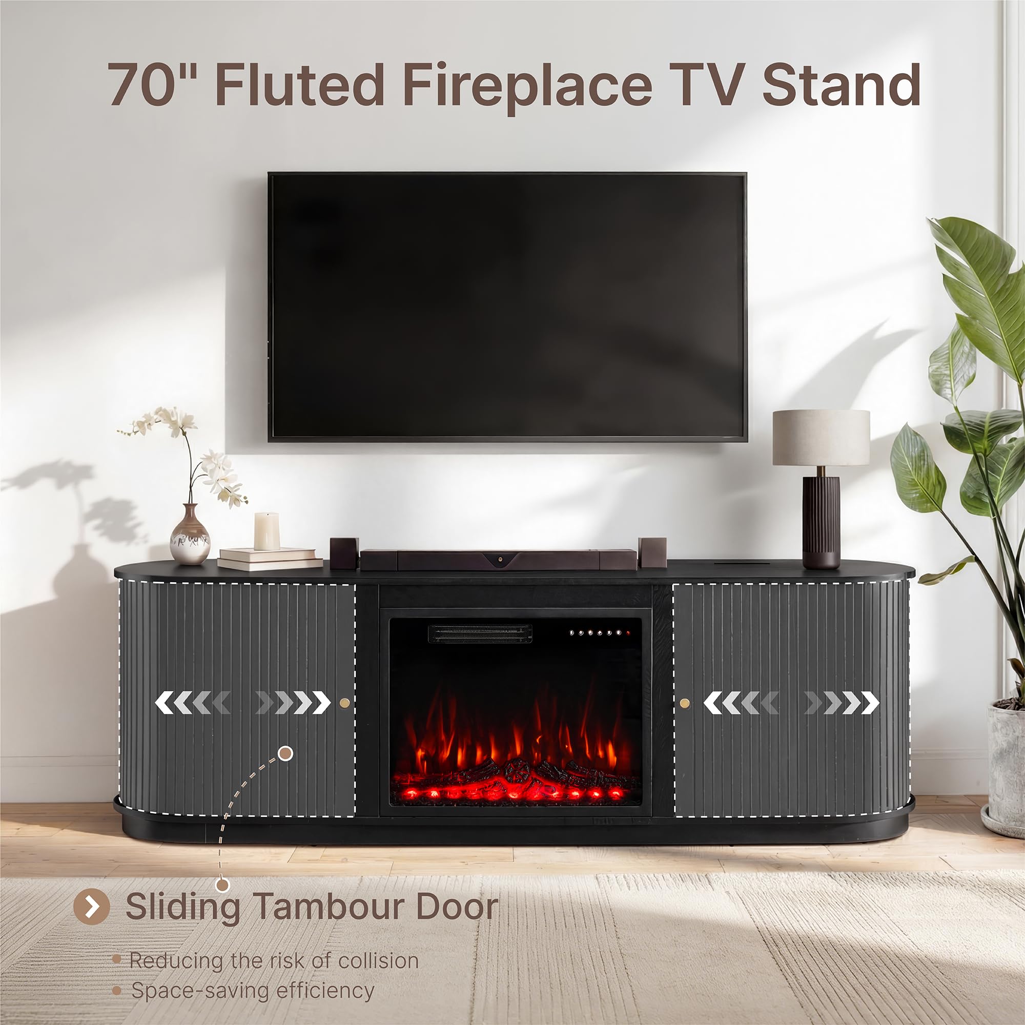 KISLOT 70'' Fluted Fireplace TV Stand for TVs Up to 80",Sliding Tambour Doors,Modern Entertainment Center with 23" Electric Fireplace, Power Outlet & Cable Management, Media Console for Living Room