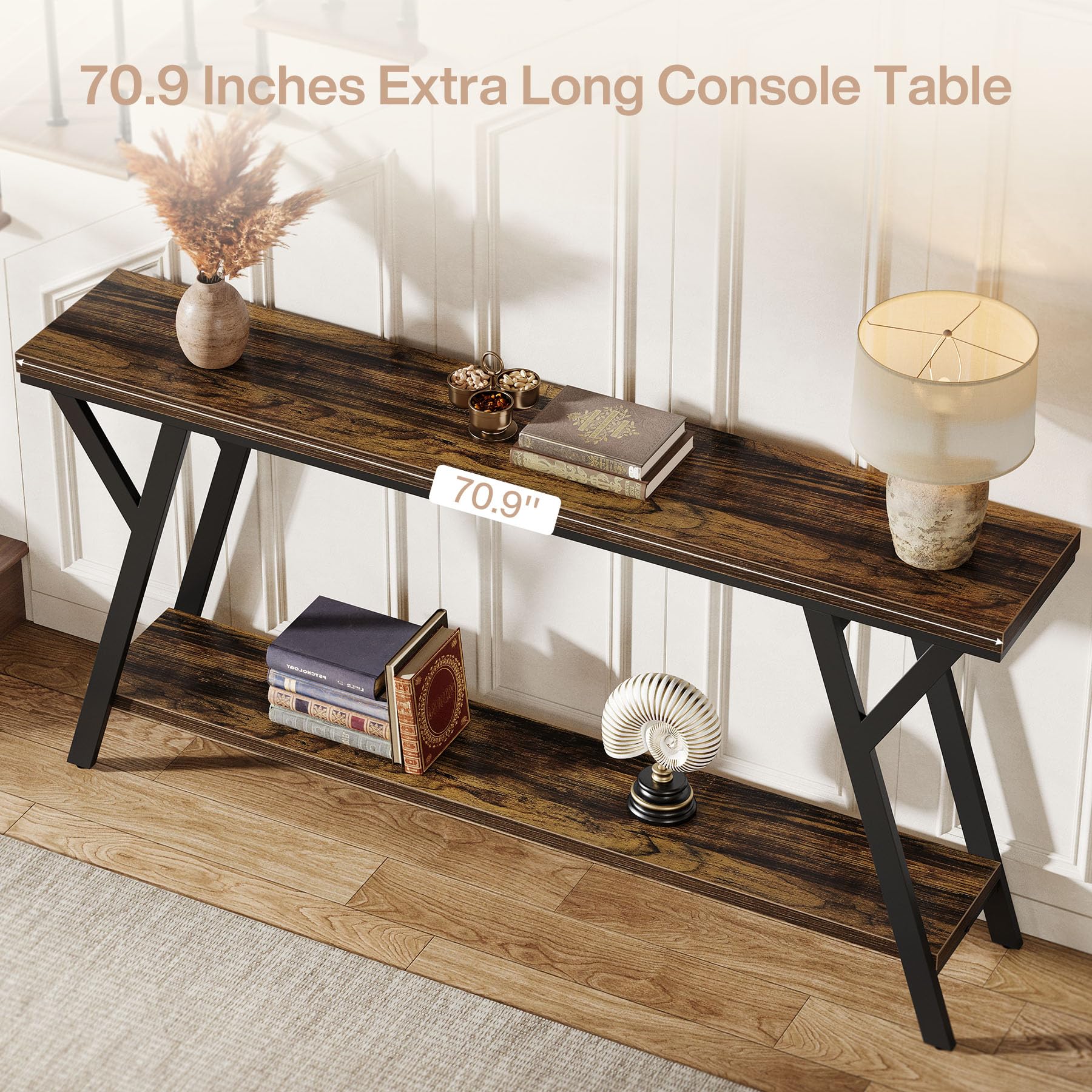 Tribesigns 70.9-Inch Narrow Long Entryway Console Table, Industrial Sofa Table Behind Couch with 2-Tier Storage Shelf for Hallway, Living Room, Entrance, Foyer, Rustic Brown