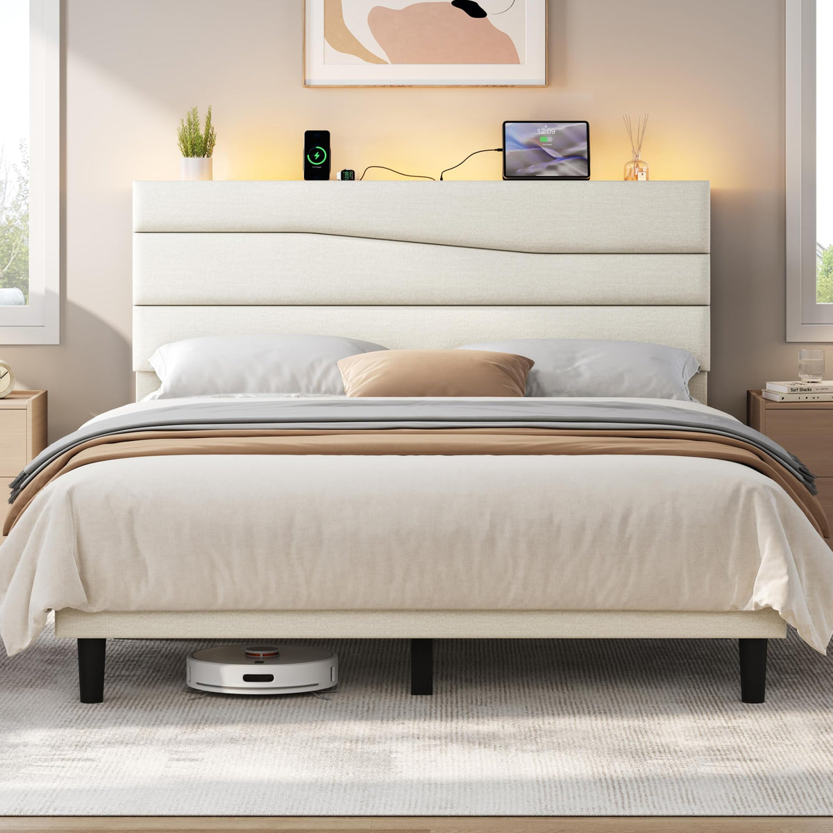 Yaheetech Queen Upholstered Bed with LED Charging Station Shelf