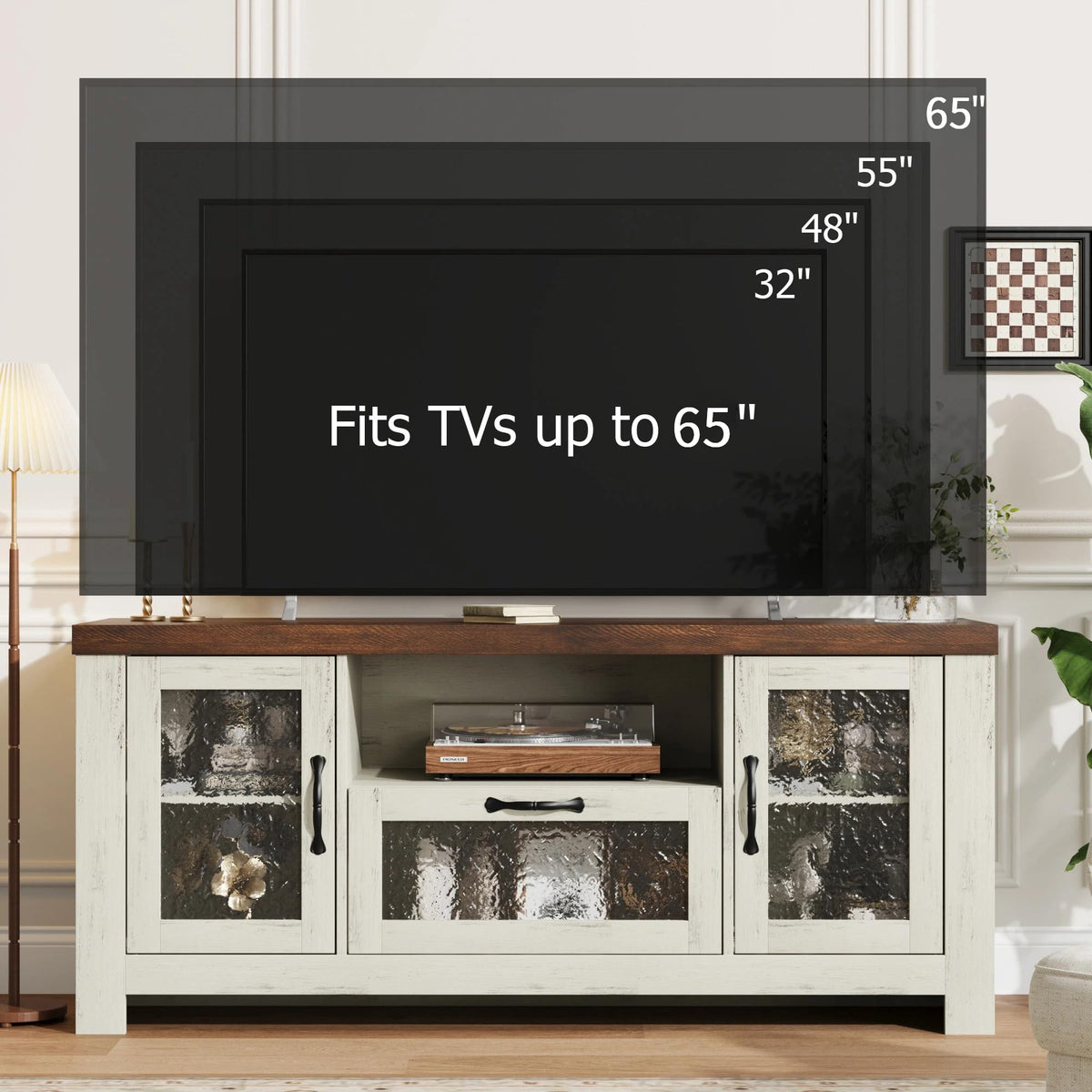 Garvee Farmhouse White & Brown TV Stand for 65 Inch TV for Living Room