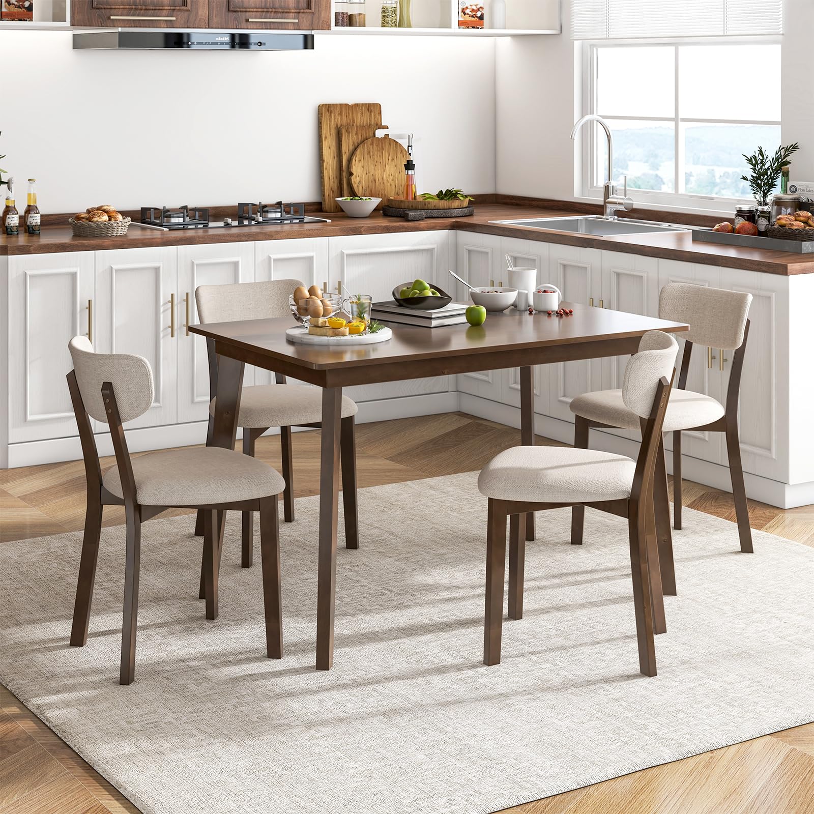 5-Piece Farmhouse Dining Table Set with 4 Upholstered Chairs