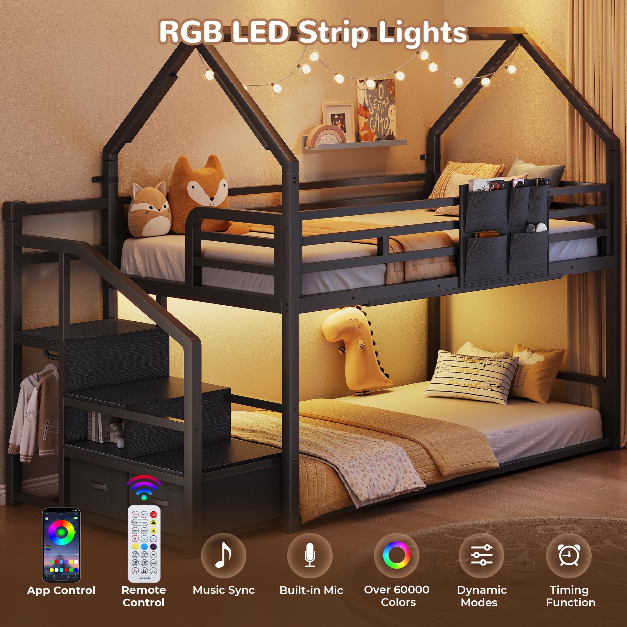 Twin Over Twin Bunk Bed with Storage Staircase & LED Lights