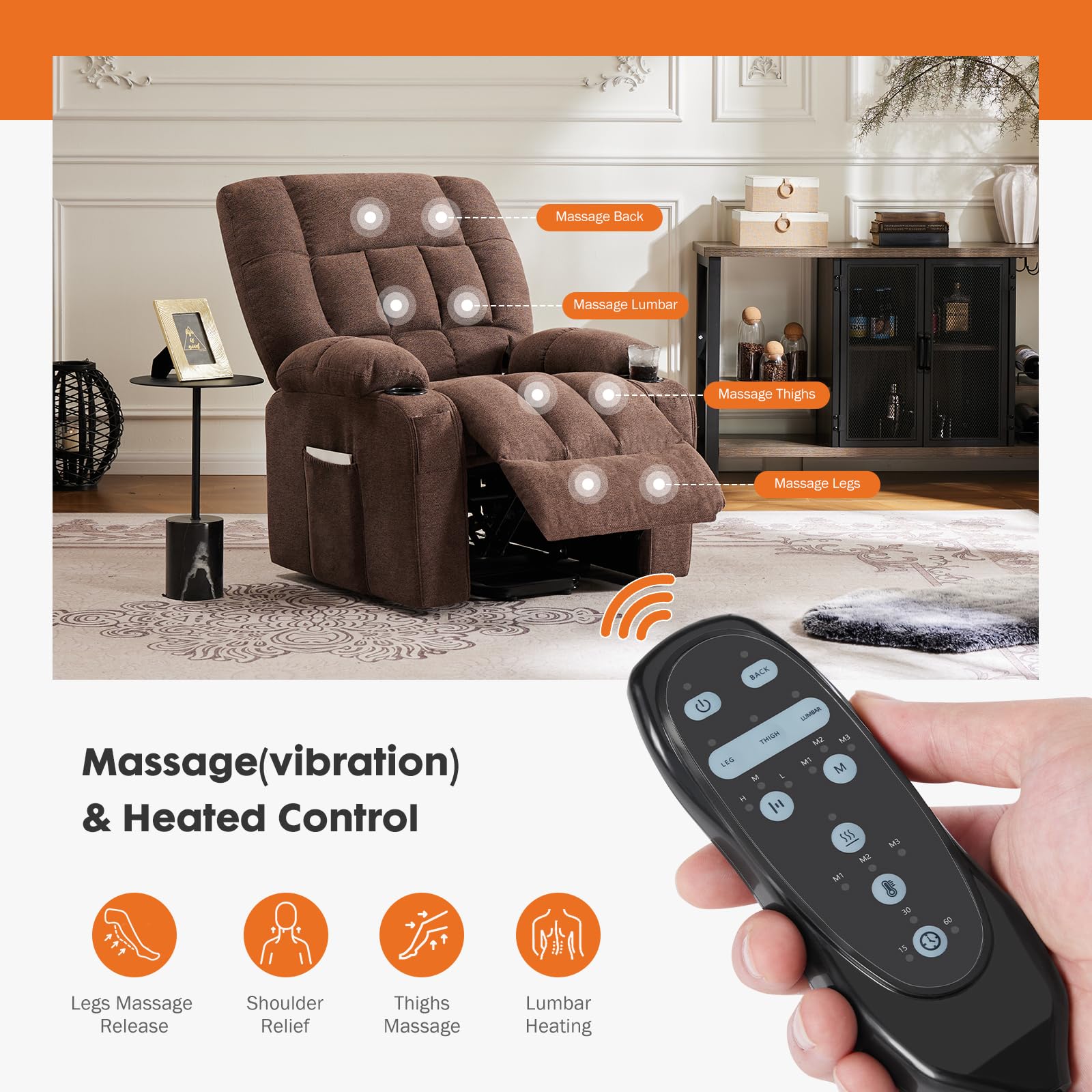 Sweetcrispy Power Lift Recliner Chair with Vibration Massage and Heat for Adults, Ergonomic Overstuffed Breathable Fabric Reclining Chair with Side Pockets, Remote Control, Living Room, Bedroom, Brown