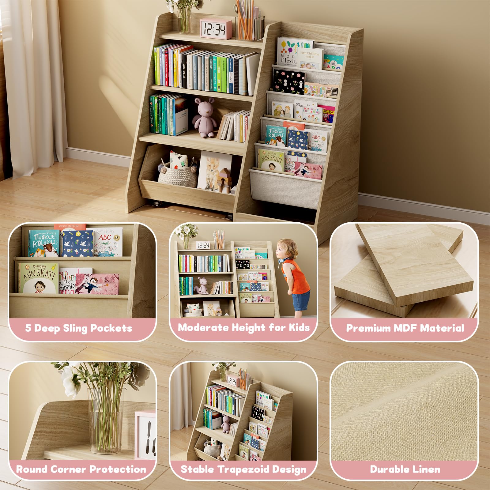 COZPAW Kids Bookshelf and Toy Storage, 4 Tier Toddler Bookshelf with Movable Drawer (Oak)