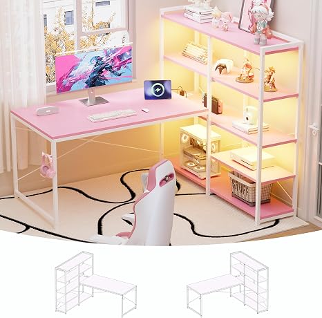 L-Shaped Desk with 5-Tier Shelves, LED Lights & Power Outlet, 49 Inch