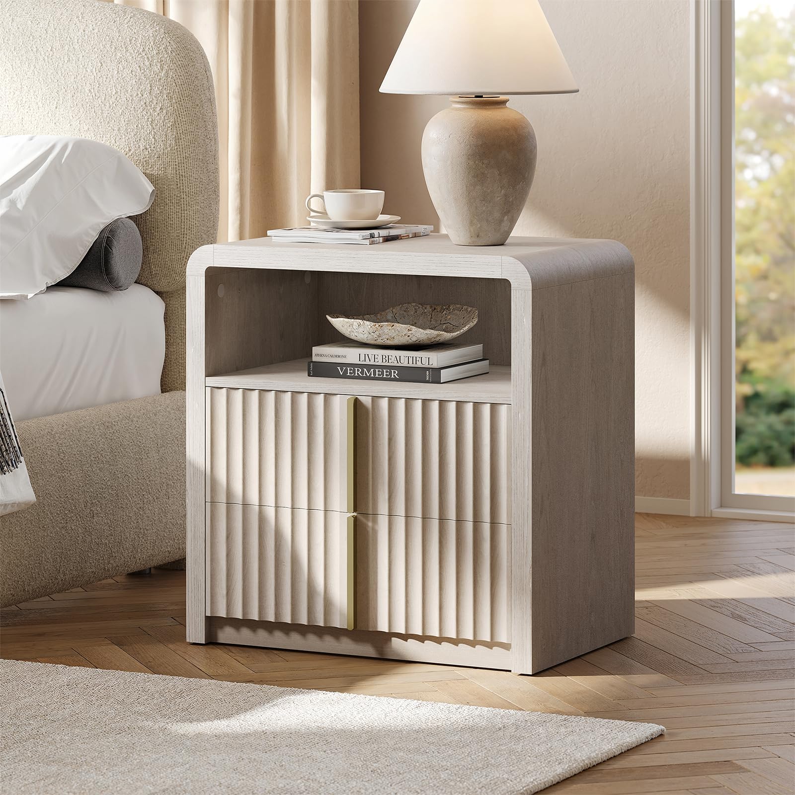 ModernMate Night Stand Set of 2, 23.6" Fluted Nightstand with 2 Drawers, Curve Profile Bedside Table with Solid Metal Handle, Thicken End Side Table for Bedroom, White Alder