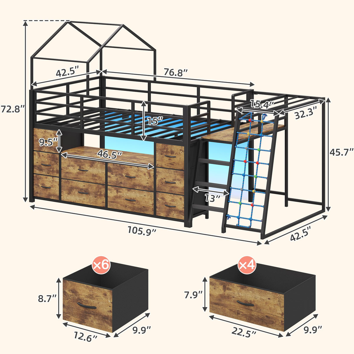 busyaeh Twin Low Loft Bed with Climbing Net and 10 Drawers, Rustic Brown