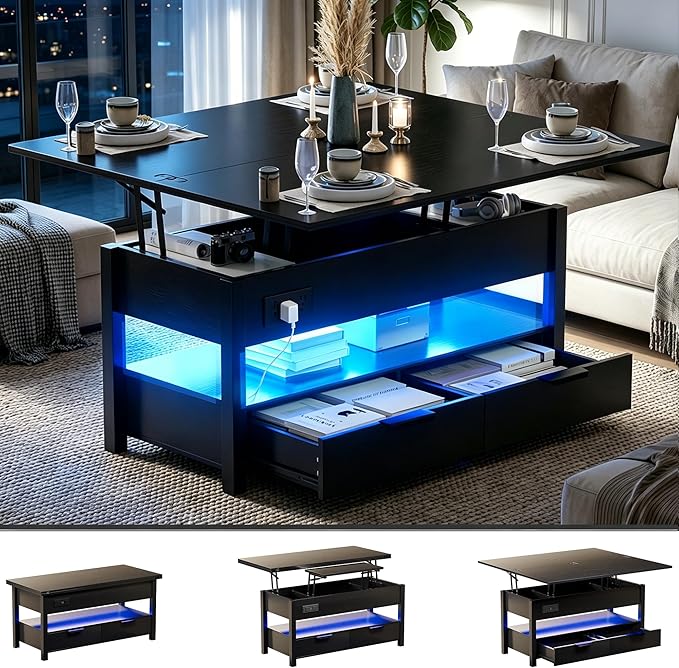 Lift Top Coffee Table with Power Outlets & LED Lights
