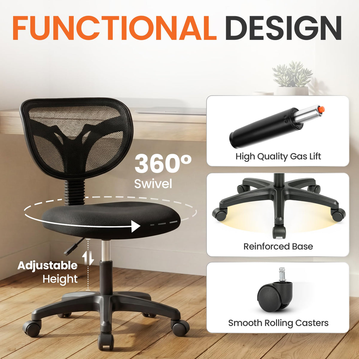 NEO CHAIR Small Office Chair with Wheels, Armless Mesh Desk Chair, Black