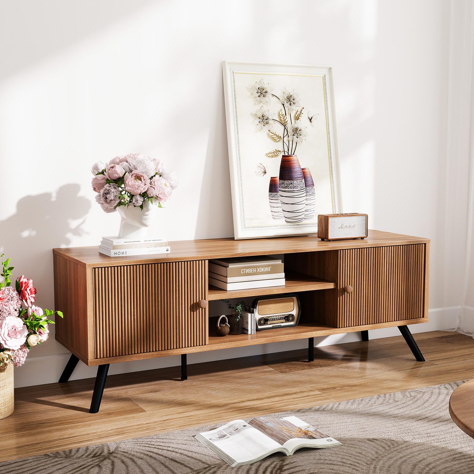 Mid-Century Modern TV Stand with Fluted Doors