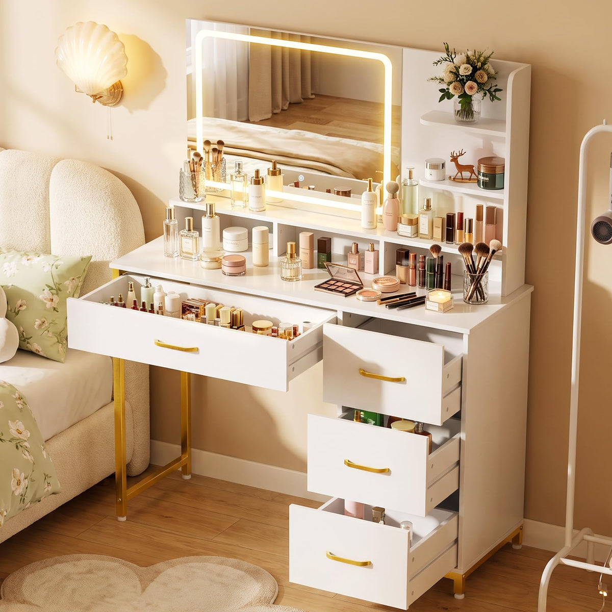 White and Gold LED Makeup Vanity