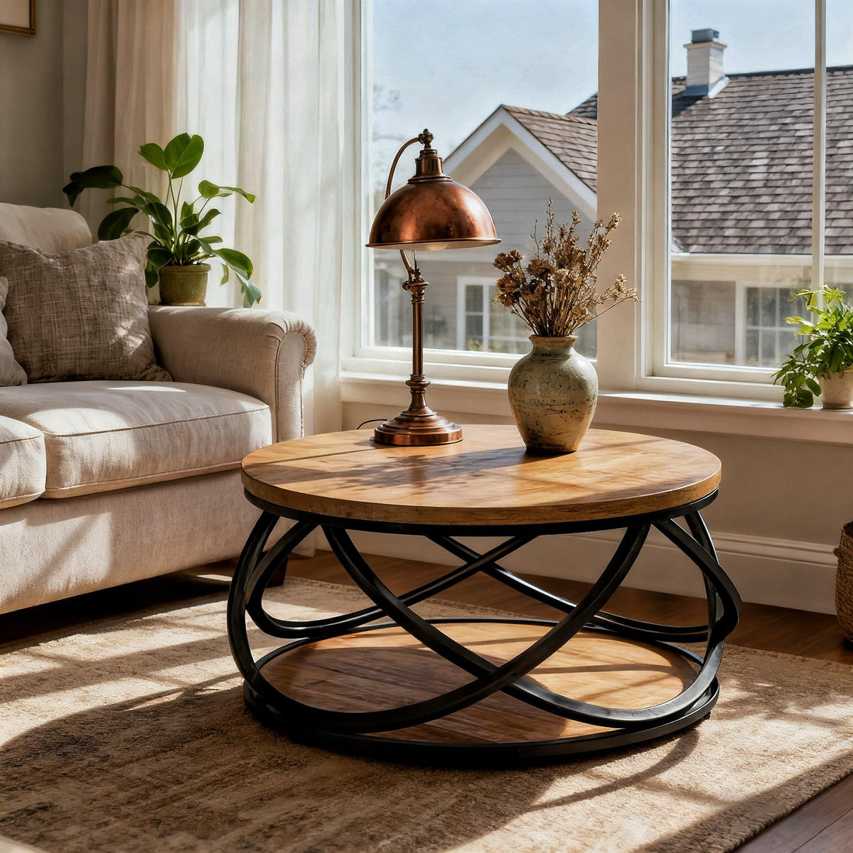 Round Coffee Table with Storage Shelf