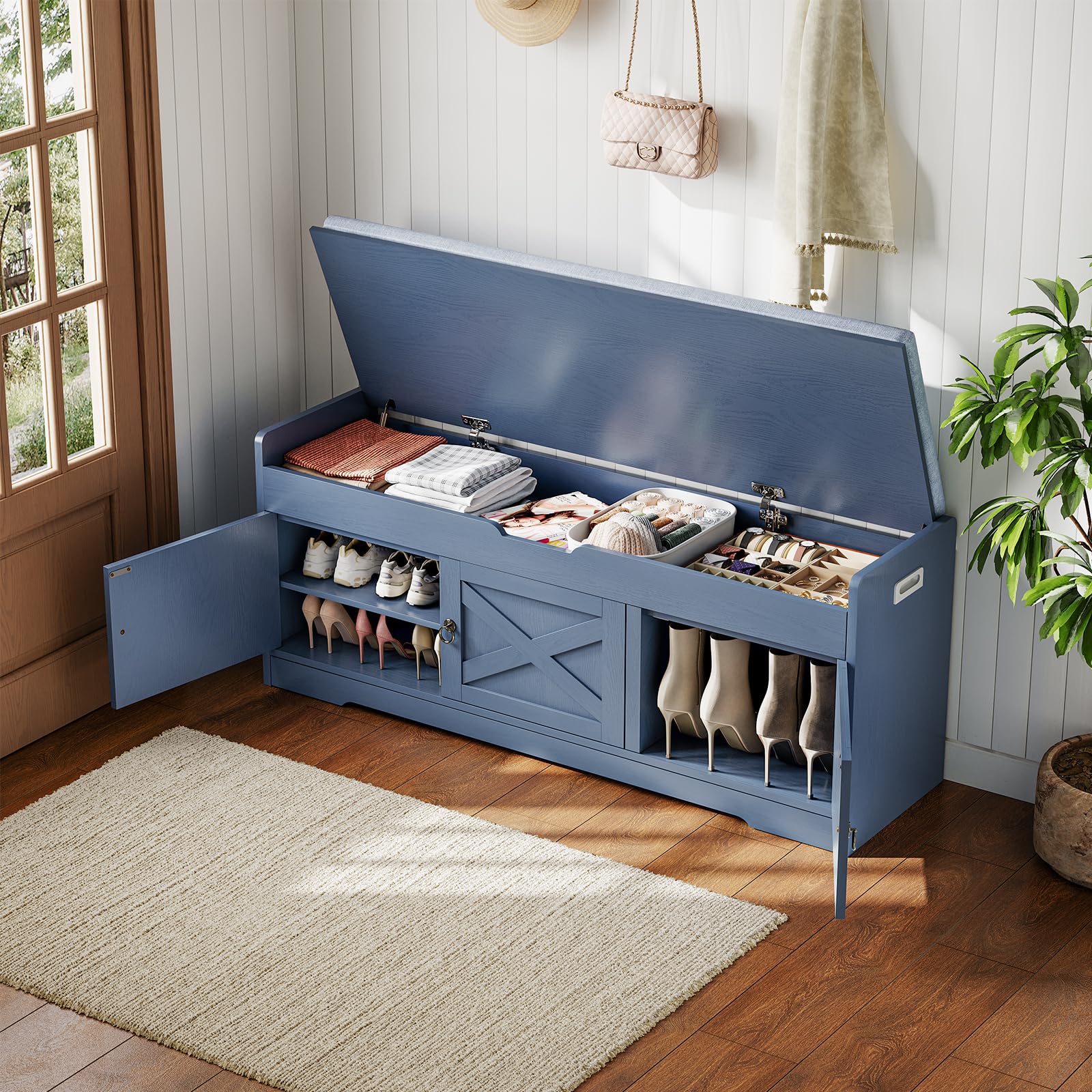 Farmhouse Shoe Storage Bench with Cushion Seat