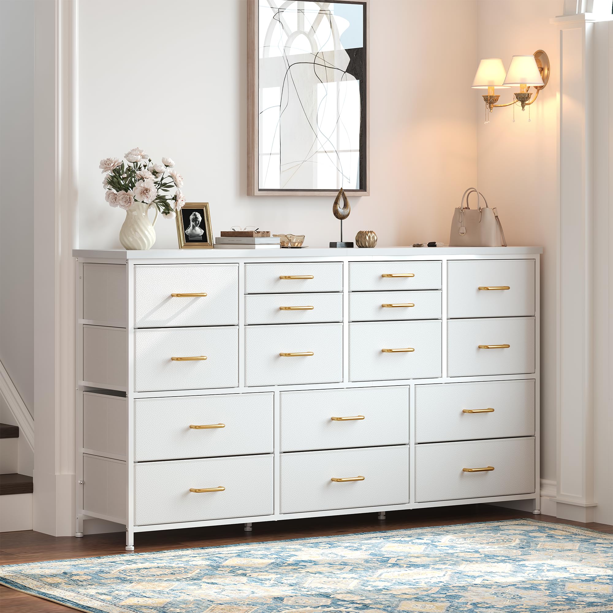 EnHomee Dressser for Bedroom Dresser with 16 Drawers TV Stand for Bedroom for 60" TV Long Dressers & Chests of Drawers Large Dresser with Charging Station, White