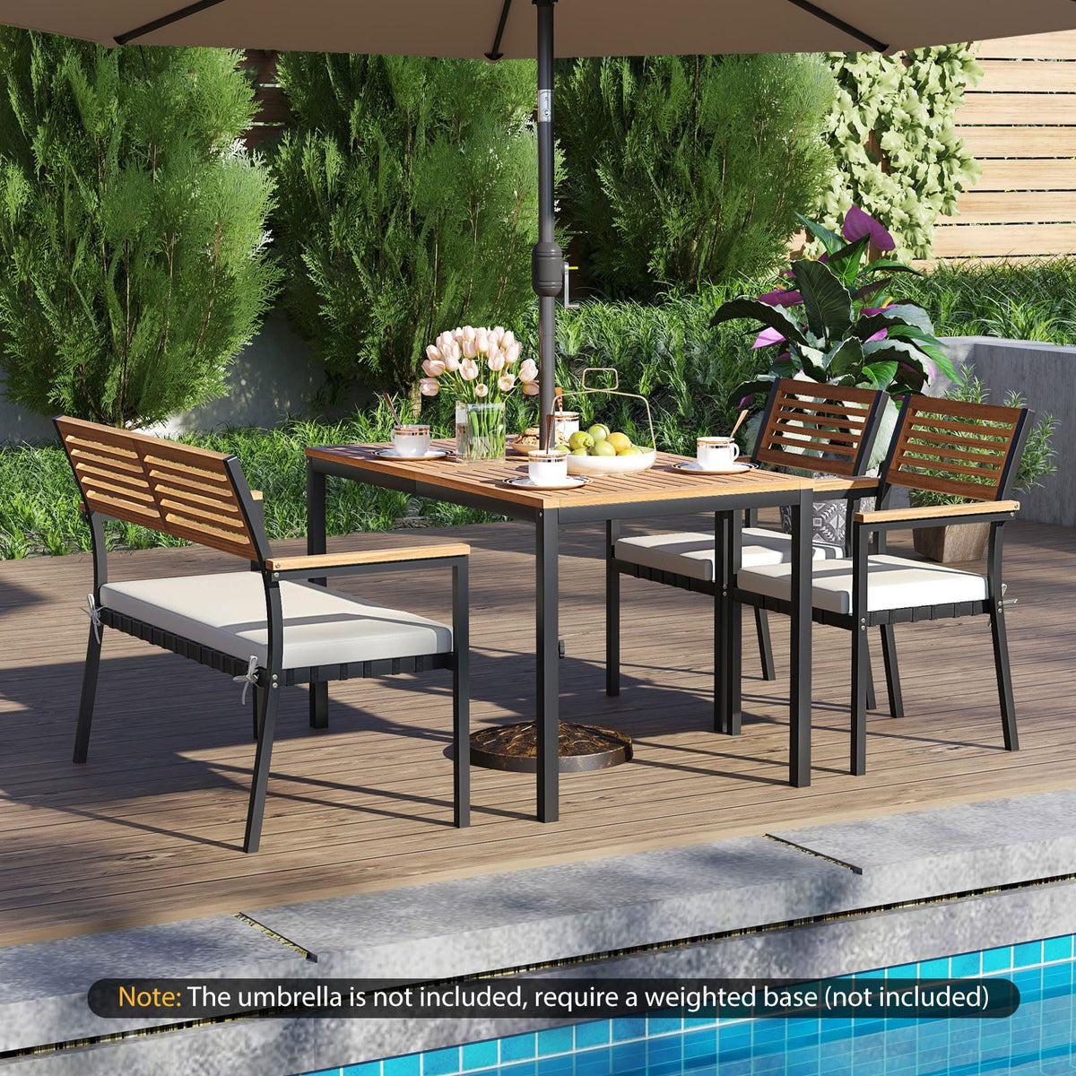 Tangkula 4 Piece Acacia Wood Outdoor Dining Set with 2 Stackable Armchairs