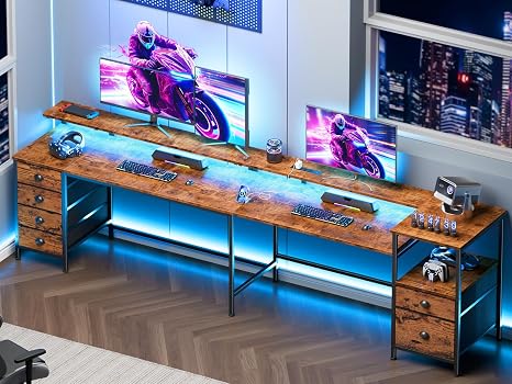95" Two-Person Gaming & Office Desk with LED Lights, Power Outlets & Storage