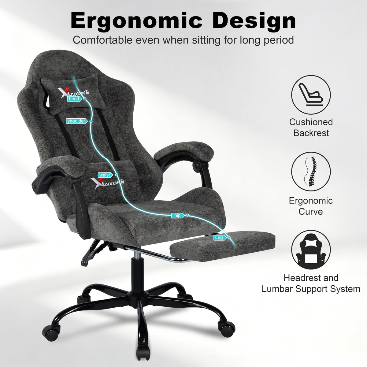 Grey Fabric Gaming Chair with Footrest