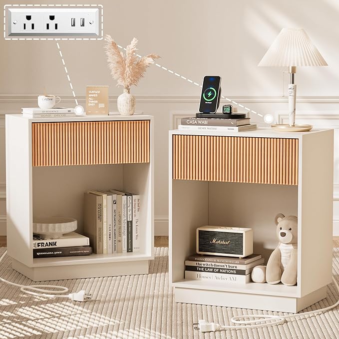 Fluted Nightstand Set of 2 with Charging Station