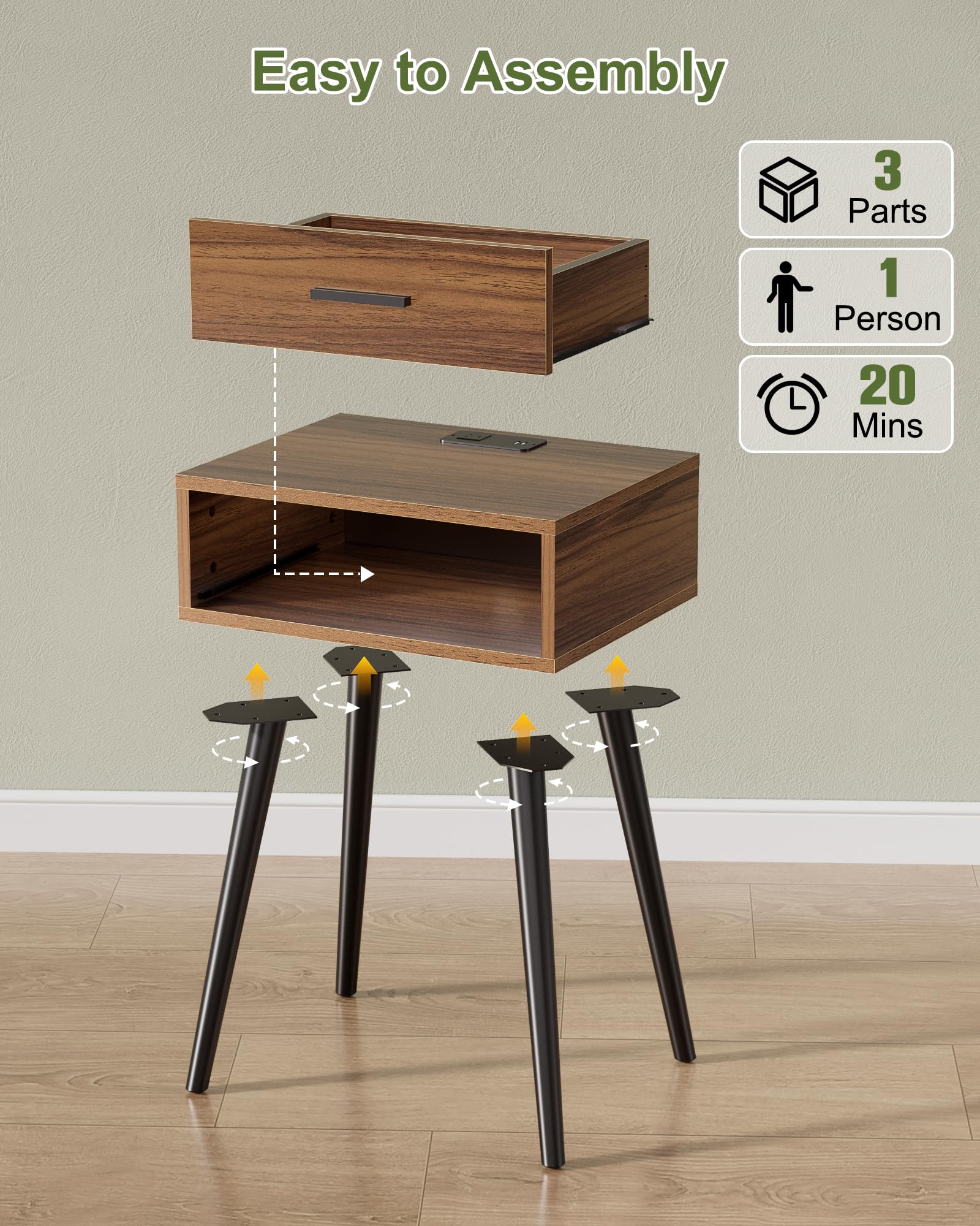 Nightstand Set of 2 with Charging Station & Storage Drawer