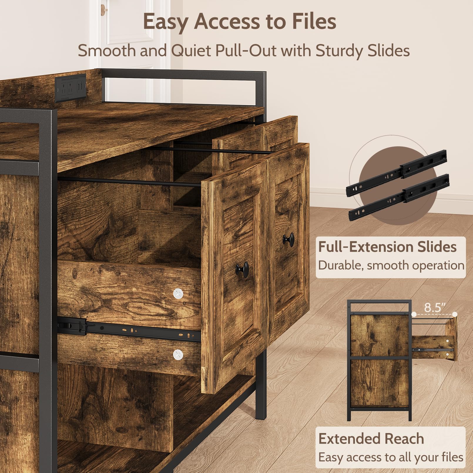 Lateral Filing Cabinet with Power Outlet & Storage Shelves