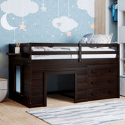 Merax Twin Wooden Loft Bed，Wood Bedframe for Kids Teens， Adults Bedroom with Cabinet, Shelf, Stairs, Espresso
