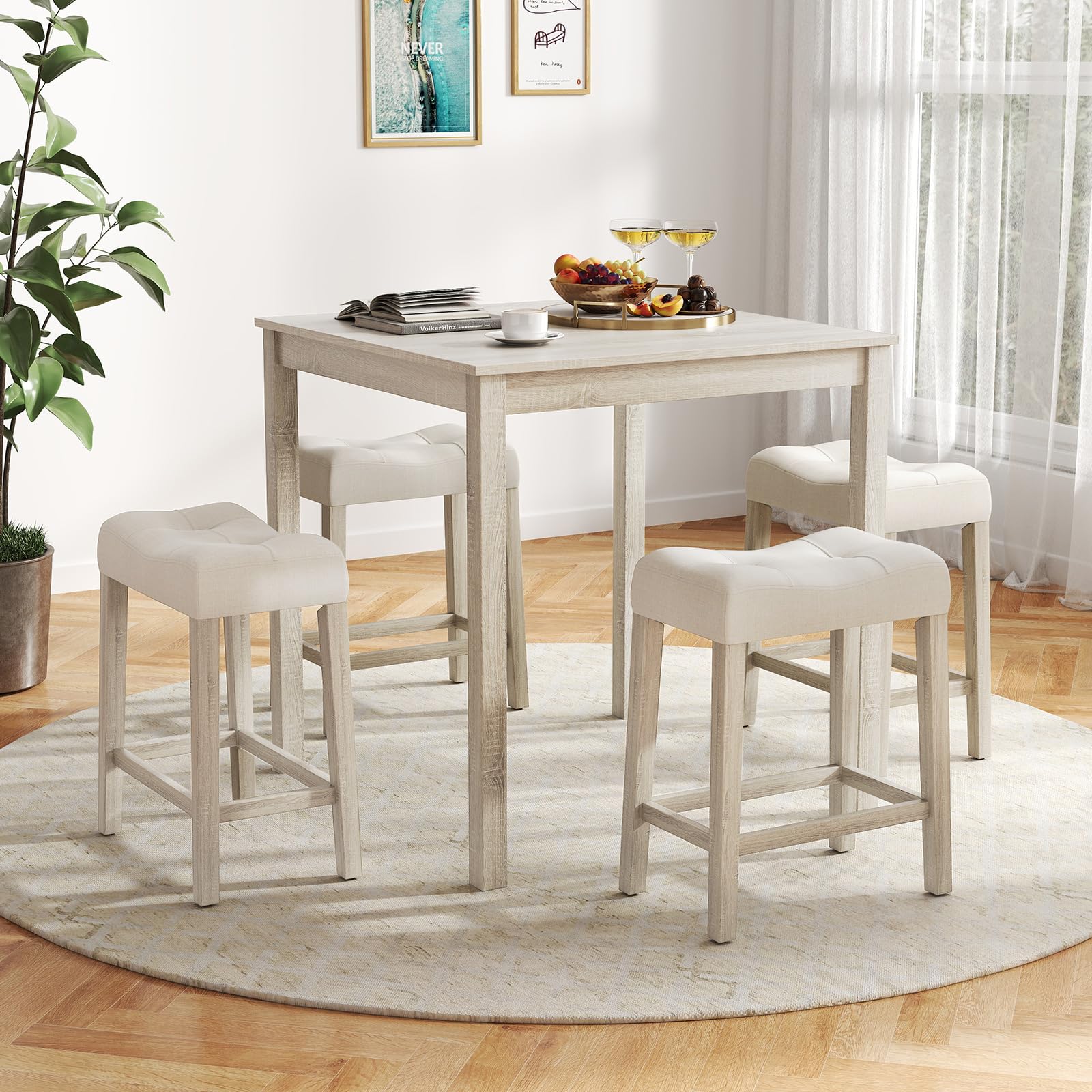 NAFORT 5 PCS Small Dining Table Set, Farmhouse Breakfast Nook Set with 4 Upholstered Saddle Stools, Space-Saving Wooden Bar Table Set for Living Room, Dining Room, Home Bar& Kitchen