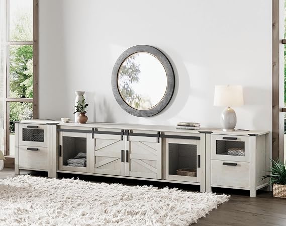 3-in-1 Farmhouse TV Stand with Charging Station – Fits 85" TV