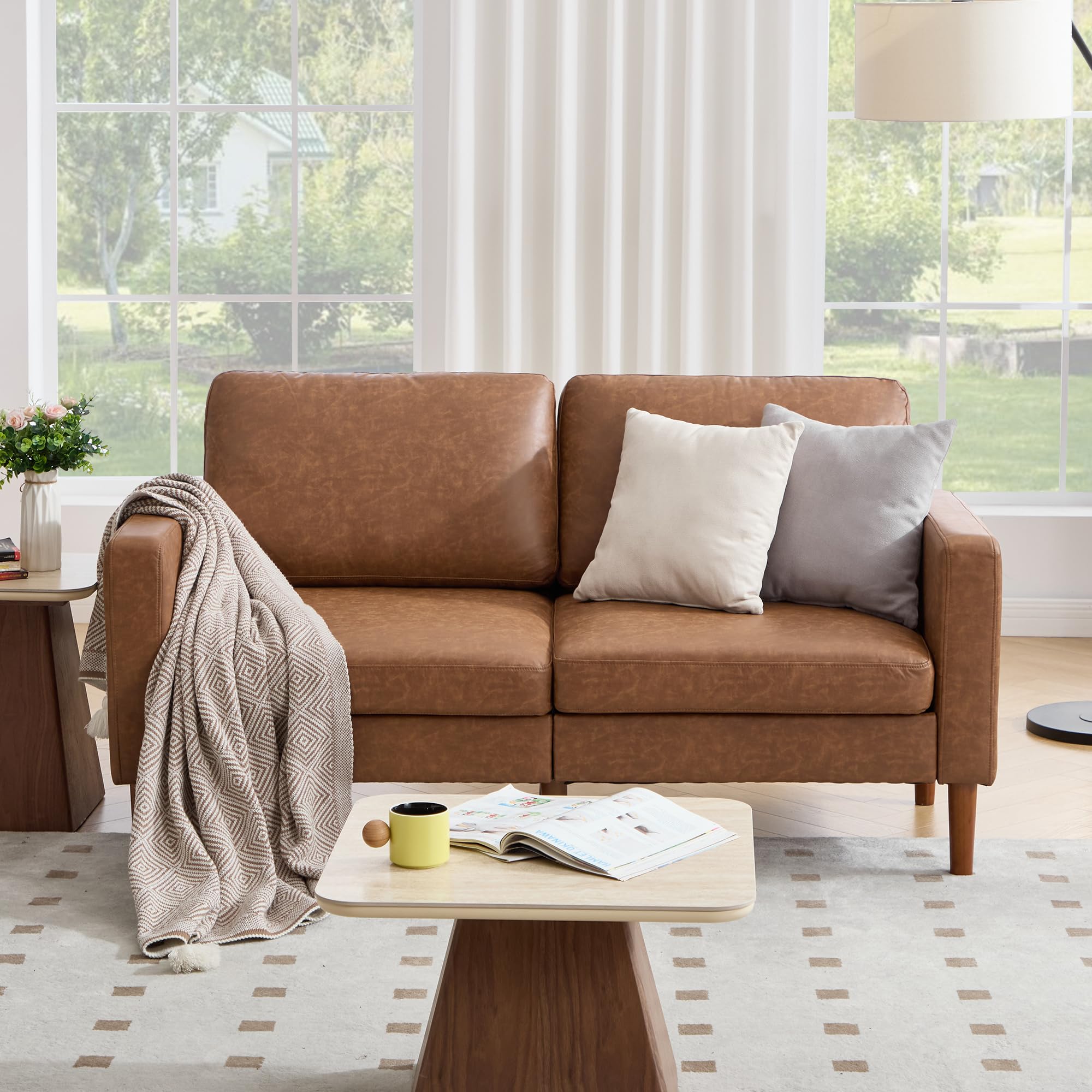 Kingfun 65" Loveseat Sofa, Faux Leather Love Seat Couch, Mid Century Modern Couch with Solid Wooden Frame for Living Room & Bedroom in Small Spaces, Brown