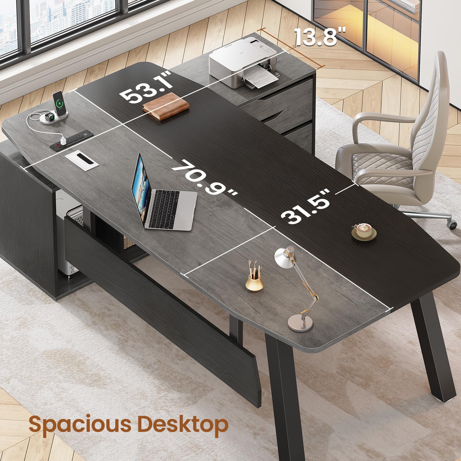 SEDETA 71" Executive Desk with File Cabinet, Large Office Desk with Drawers and Shelves, L Shaped Computer Desk with Power Outlets, Business Furniture Desk Workstation for Home Office, Gray