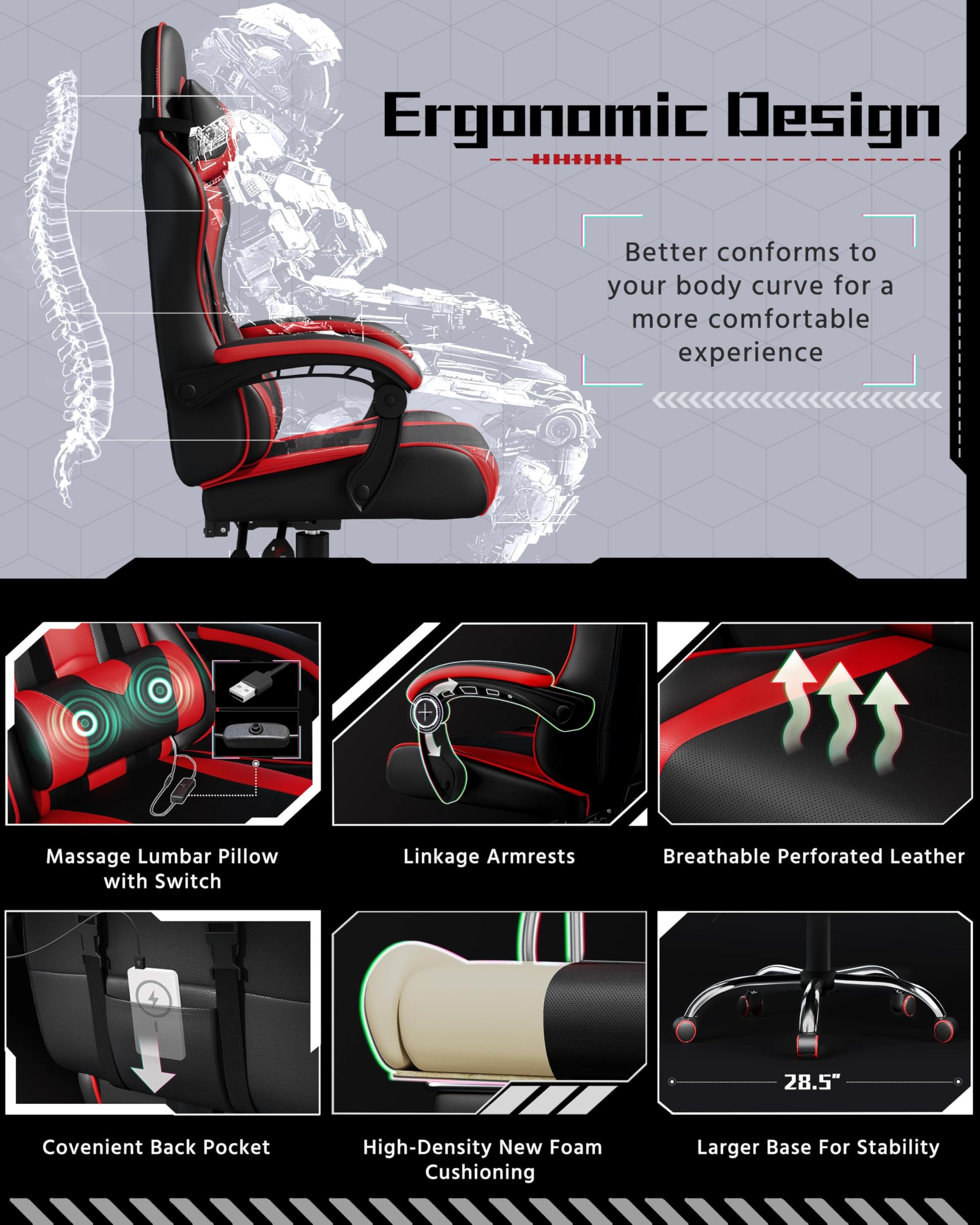 Yaheetech Gaming Chair, Computer Office Chair with Headrest and Massage Lumbar Support, Height Adjustable Ergonomic Chairs with Swivel Seat, Black/Red