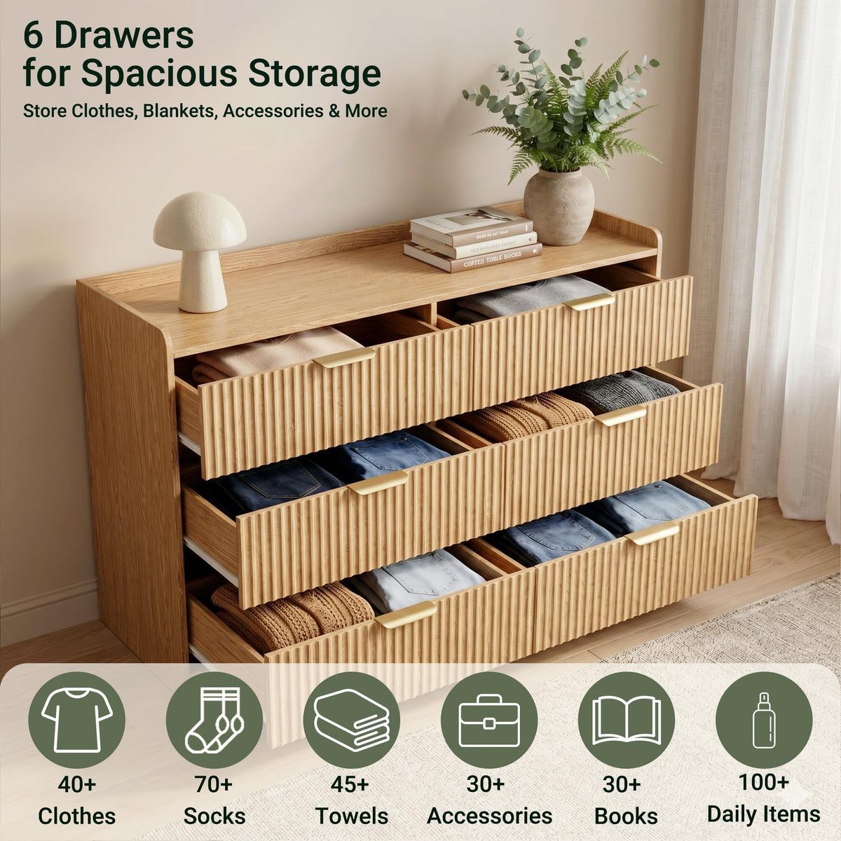 OURPIC Fluted Modern 6 Drawer Dresser for Bedroom, 47"W x 26"H, Natural Oak