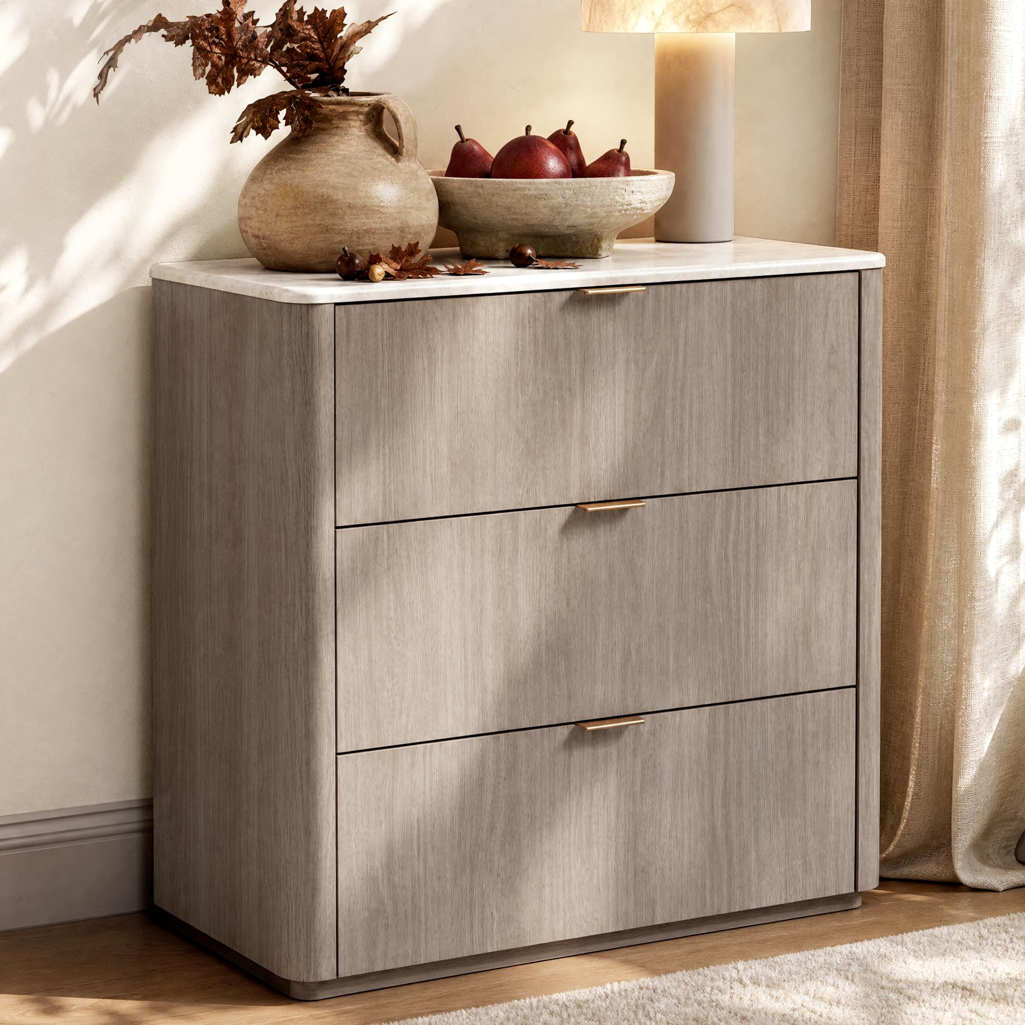 ModernMate 3 Drawer Dresser with Curved Profile & Faux Travertine Texture, 31.5" Large Nightstand Anti-Tip Chest of Drawers for Bedroom, Living Room, Wood Grain Gray