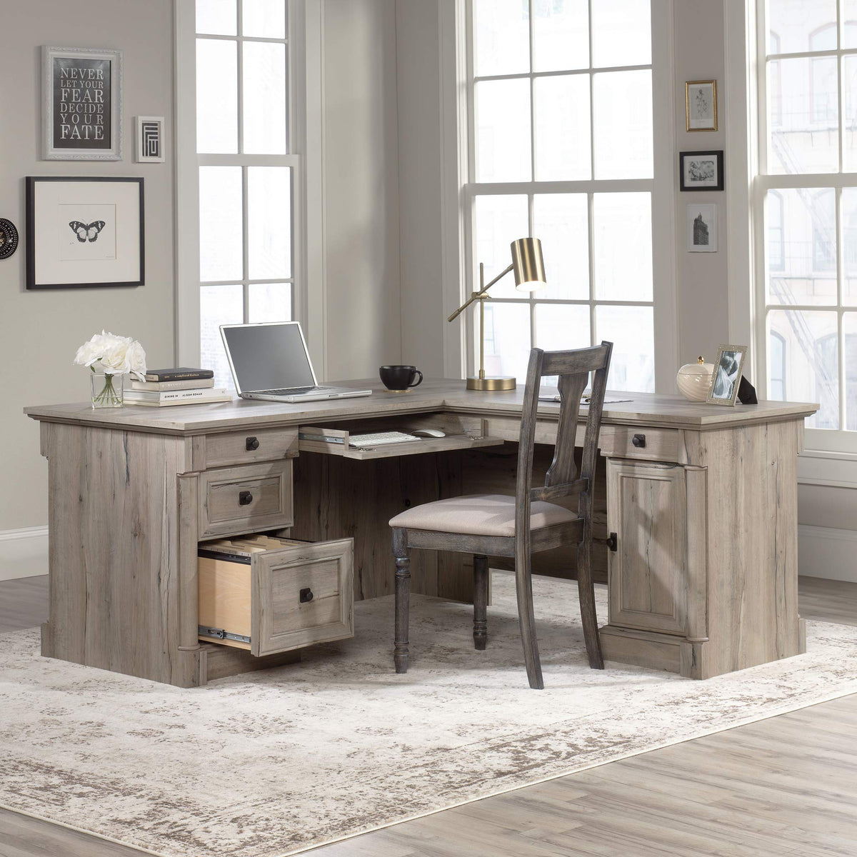 Sauder Palladia L Shaped Desk with Drawers, Office Desk with File Cabinet Storage, Cable Management, Keyboard Tray, in Split Oak finish