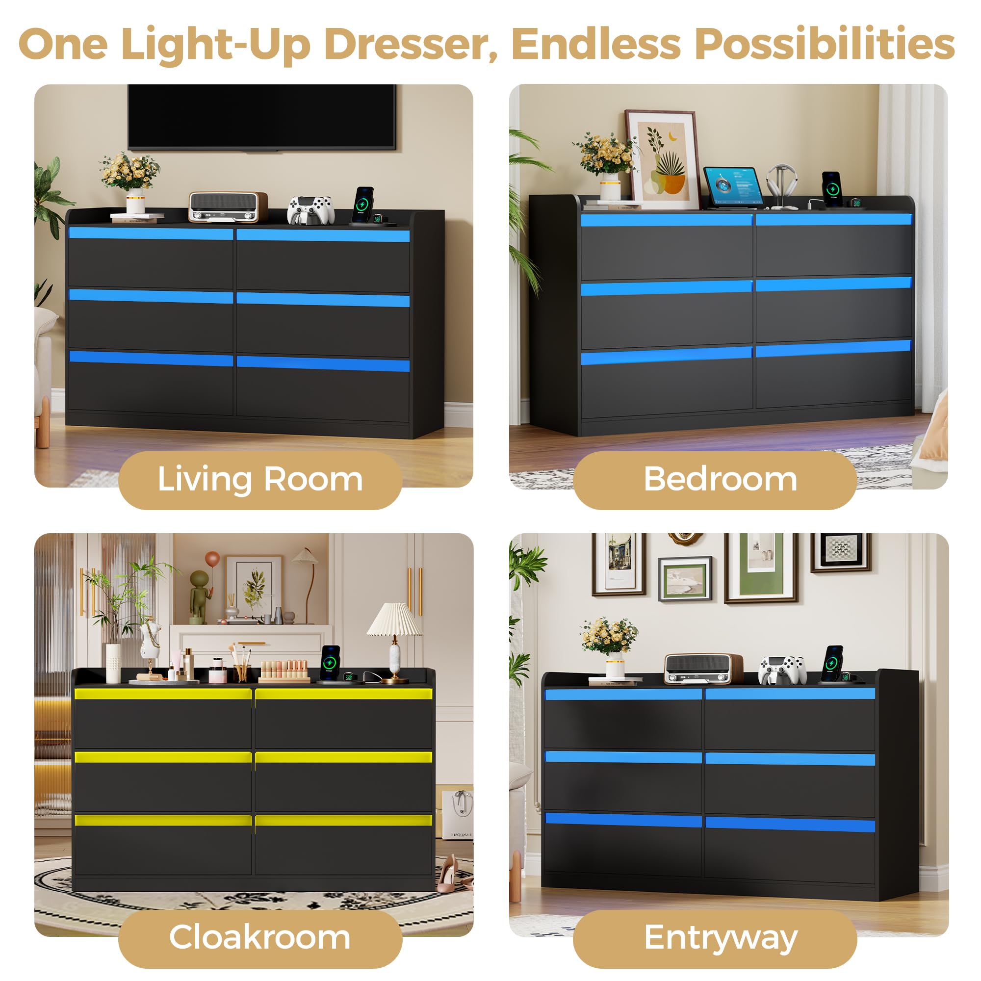 YUNSCEND Black Dresser with Power Outlet and LED Lights, Modern 6 Drawer Dresser for Bedroom, 47.2” Long Chest Of Drawer Deep Drawer Dressers TV Stand for Living Room Closet Hallway Entryway UXKCG006B