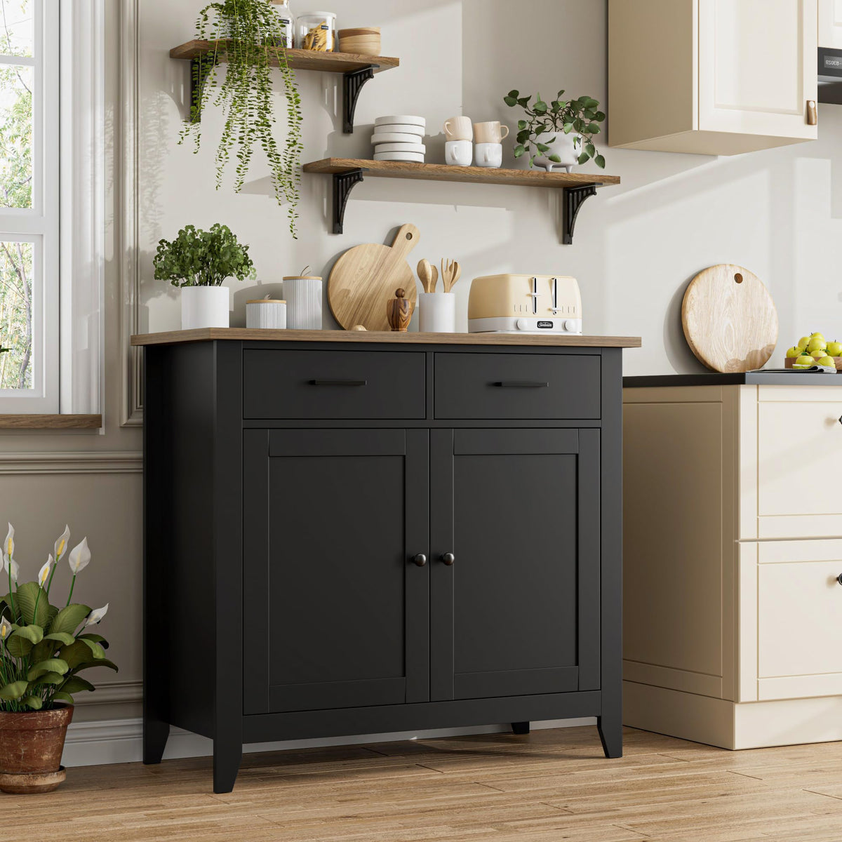 HORSTORS Farmhouse Kitchen Storage Cabinet, Small Buffet, Coffee Bar, Black