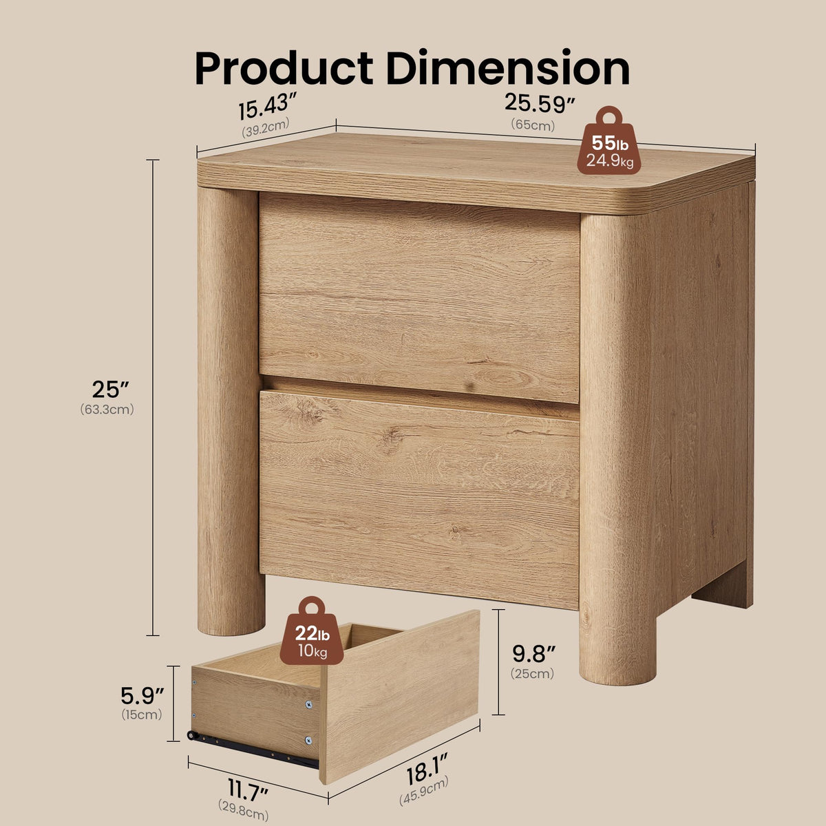 ModernMate Nightstands Set of 2, 26" Night Stand with 2 Drawers, Large Bedside Table with Thick Top, Stable Round Legs, Wood Nightstand for Bedroom Living Room End Bed Side Tables,Natural Oak