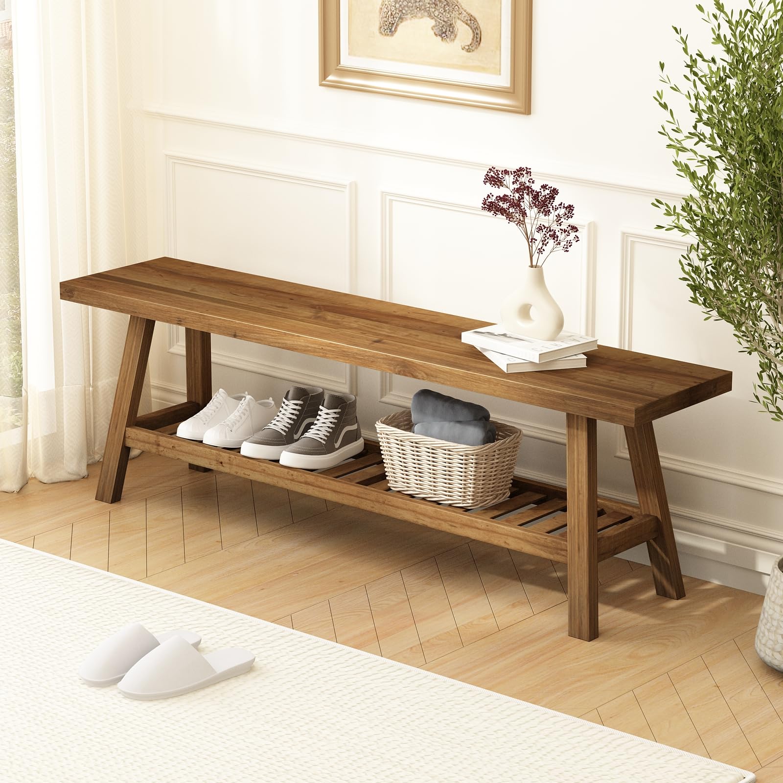 Reclaimed Wood Entryway Bench with Storage Shelf