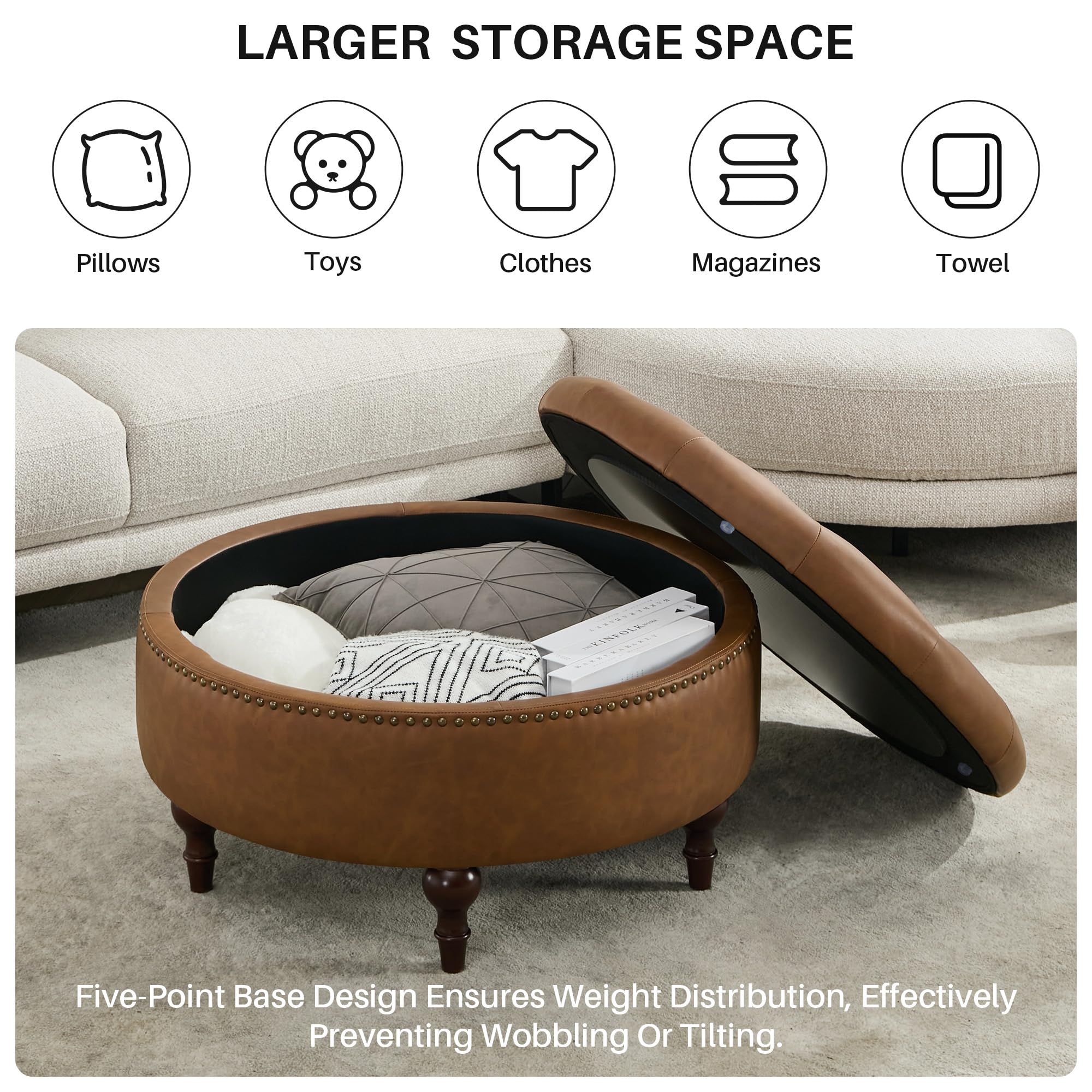 obmedin 31.5" Large Round Storage Ottoman, Upholstered Tufted PU Ottoman Coffee Table, Large Footrest with Solid Wooden Legs and Nailheads, Side Table for Living Room Bedroom Office, Brown
