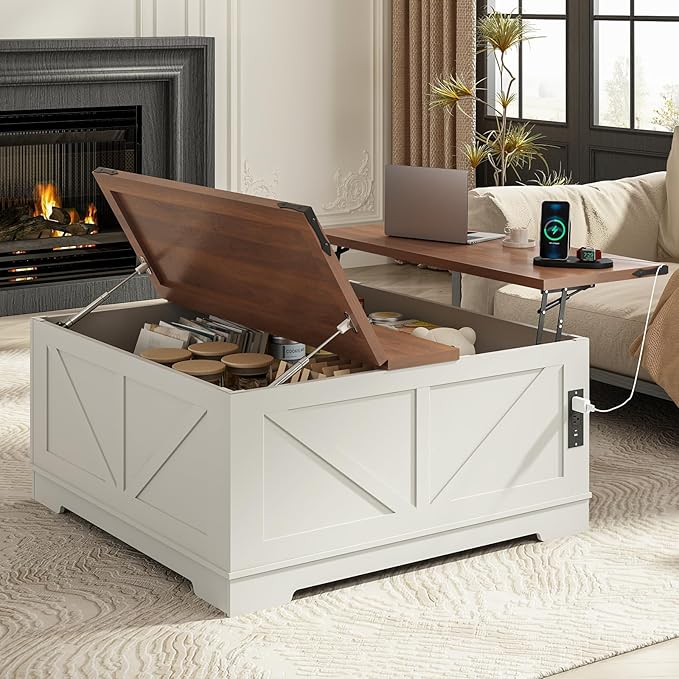 Farmhouse Lift Top Coffee Table with Storage & Charging Hub