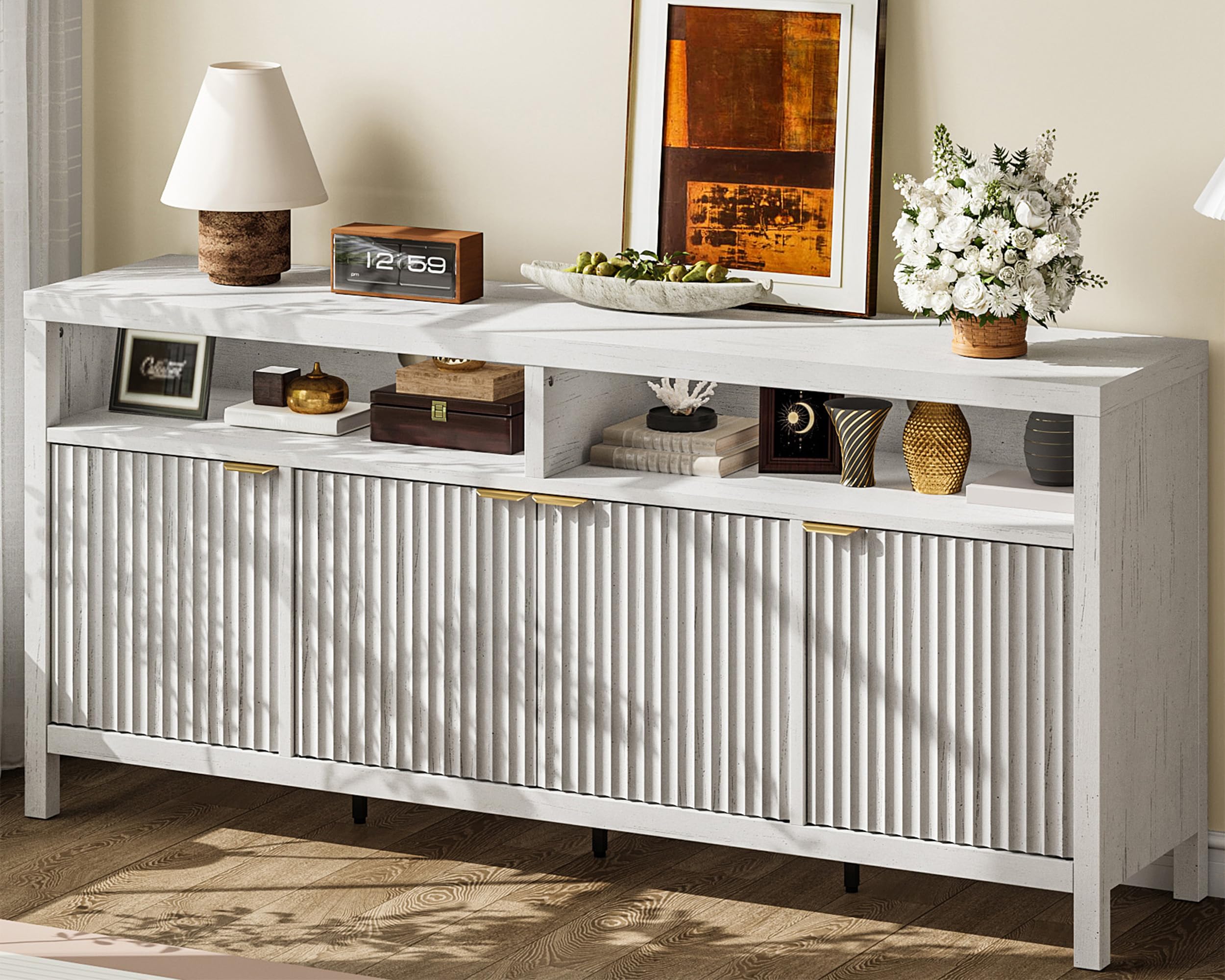 GarveeLife 65 Inch Fluted Sideboard Buffet Cabinet with Storage, Modern Wood Sideboard Cabinet with 4 Doors, Buffets & Sideboards for Kitchen,Dining Room,Living Room,Hallway,White