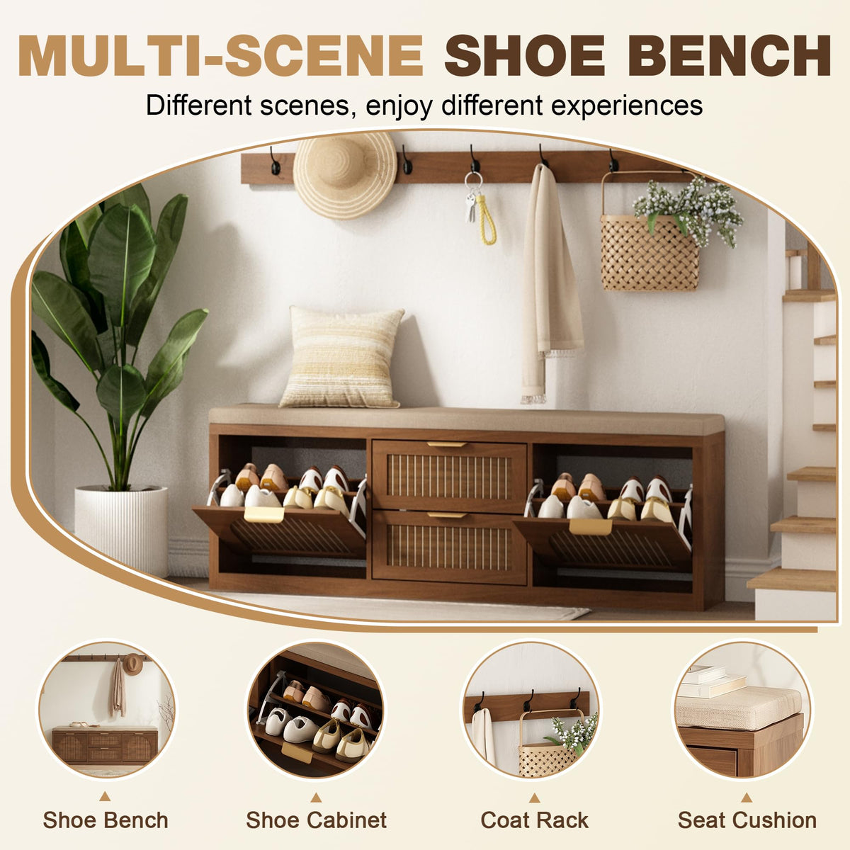 WINWY Shoe Storage Bench with Coat Rack, Flip Doors & Cushion, Walnut
